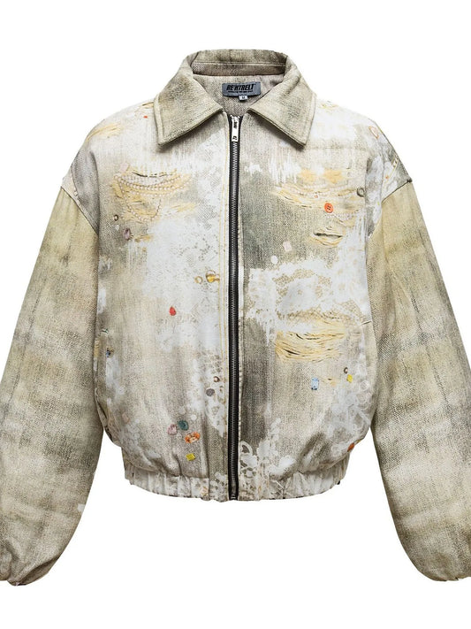 Men's Distressed Paint Splatter Zip Up Jacket - Premium Bomber Jacket from Trendsi - Just $113.15! Shop now at Craftklart.store