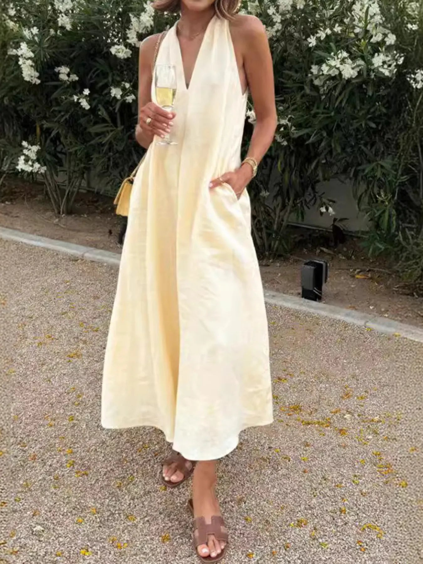 Halter V-Neck Linen Midi Dress - Premium from Trendsi - Just $28.78! Shop now at Craftklart.store