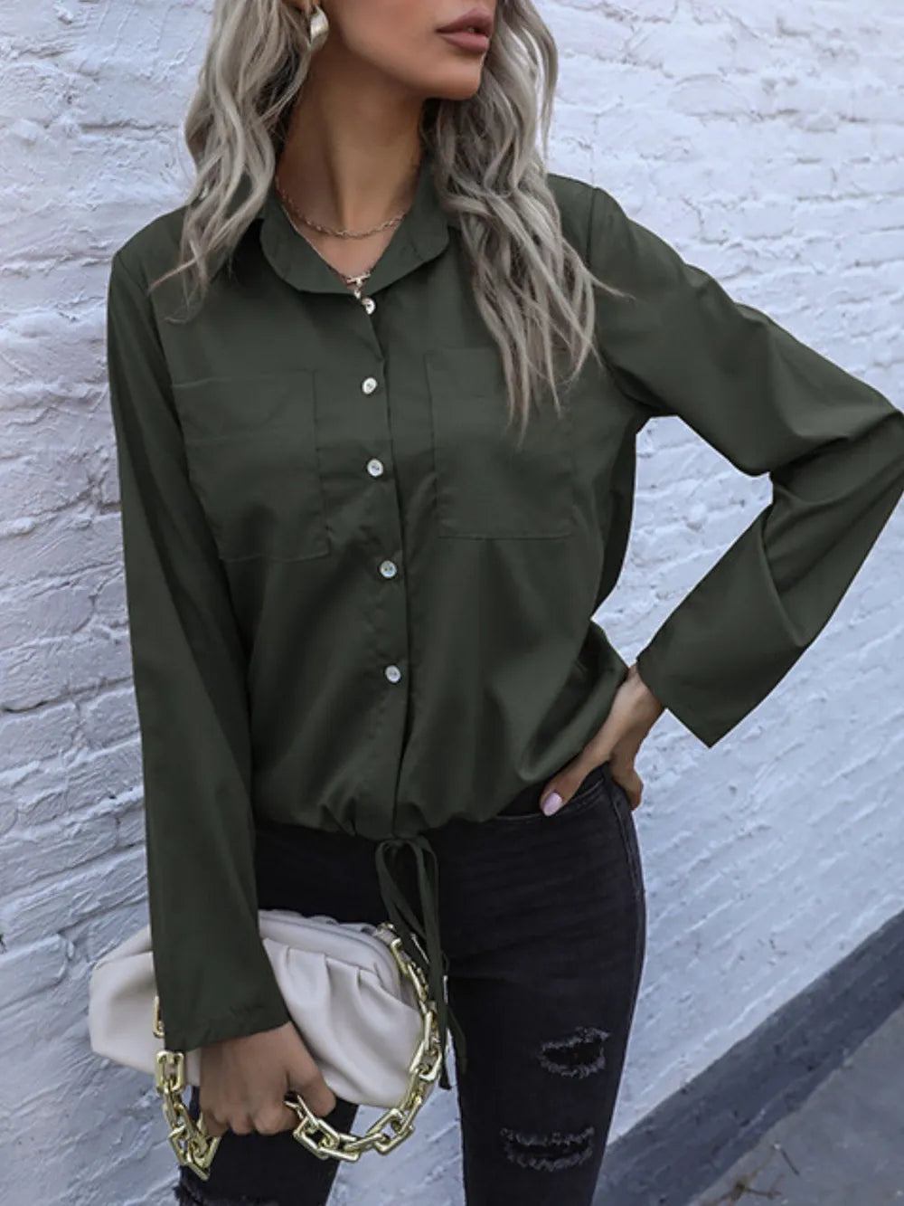 Perfee Tied Hem Button Down Long Sleeve Shirt - Premium Shirt from Trendsi - Just $20.05! Shop now at Craftklart.store