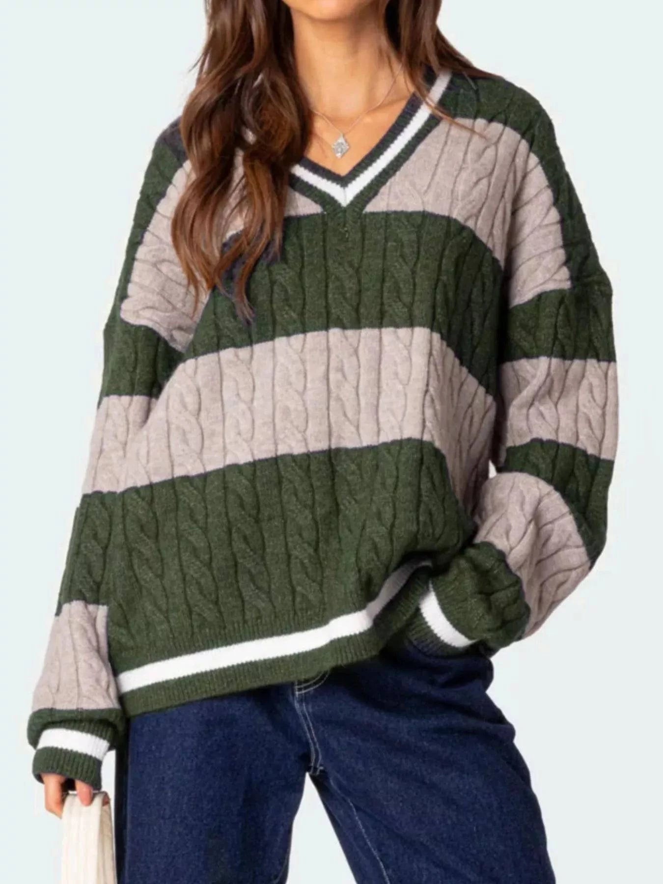 Urban Fall Striped Cable Knit V-Neck Sweater | Minimalist Streetwear | Craftklart