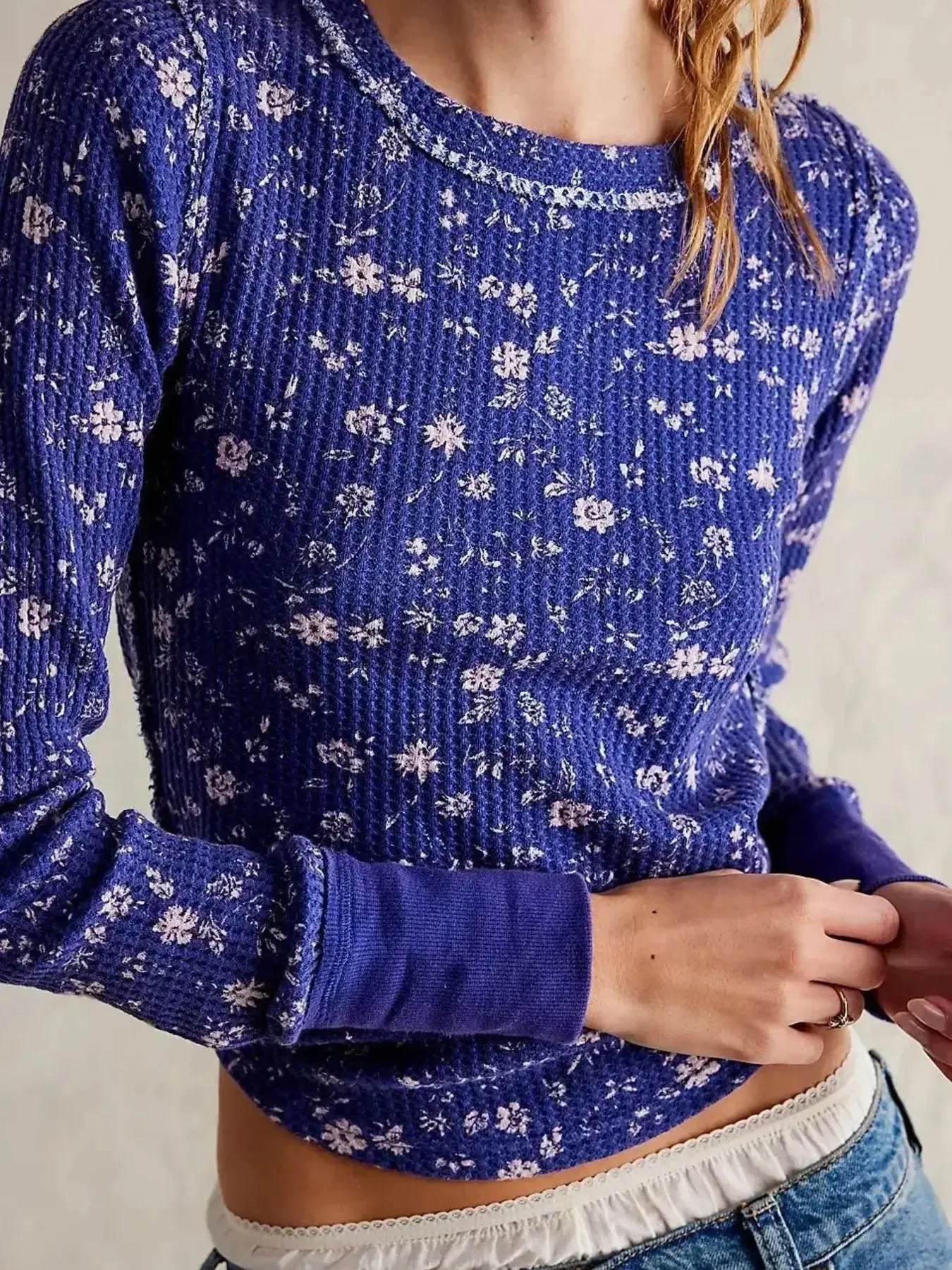 Floral Print Waffle Knit Top - Premium Jumper from Trendsi - Just $24.68! Shop now at Craftklart.store