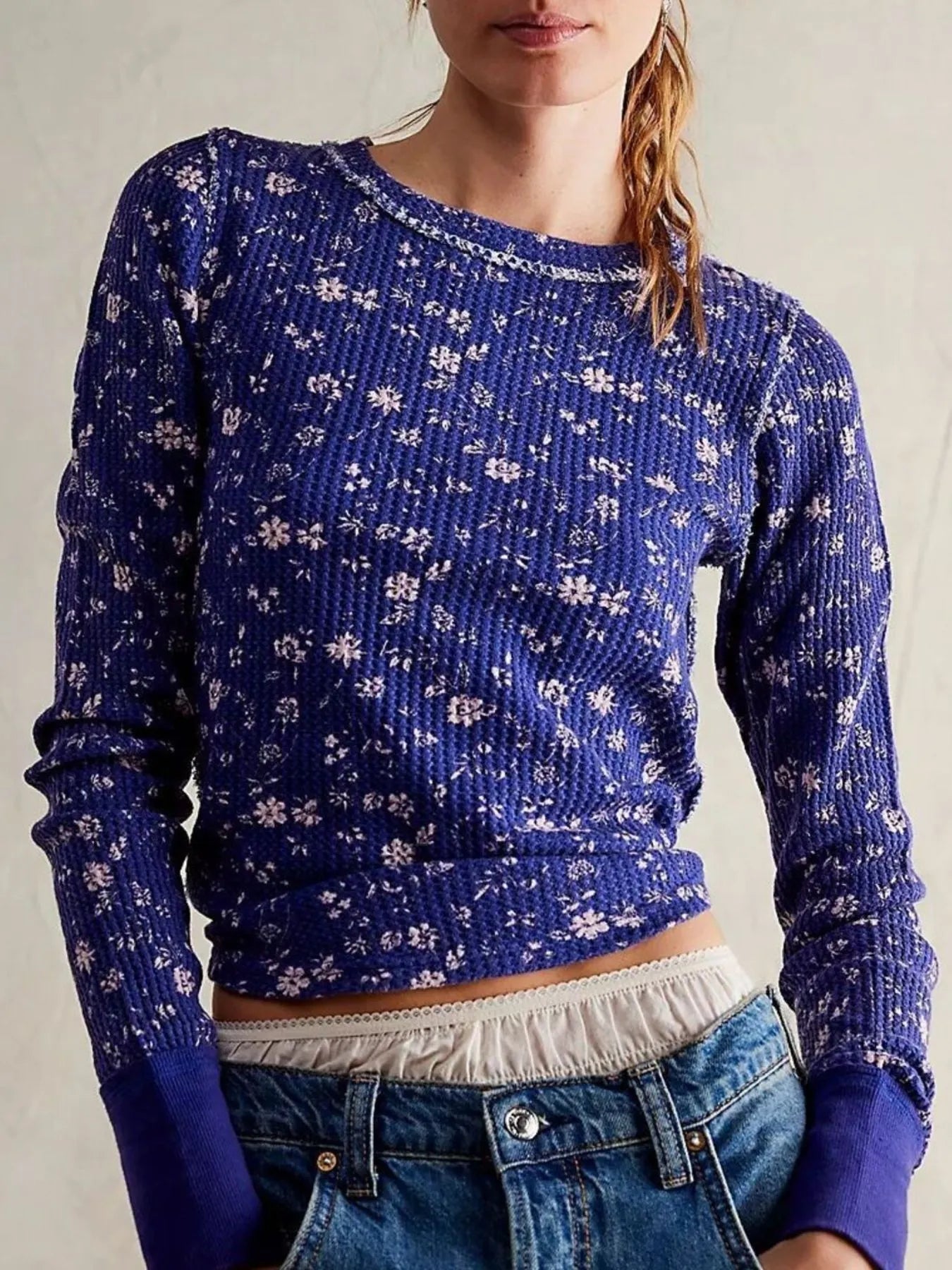 Floral Print Waffle Knit Top - Premium Jumper from Trendsi - Just $24.68! Shop now at Craftklart.store