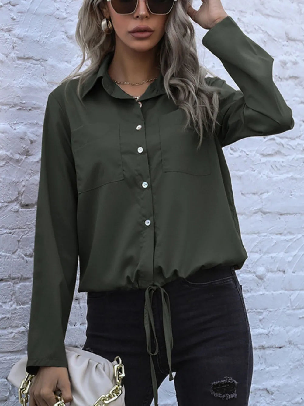Perfee Tied Hem Button Down Long Sleeve Shirt - Premium Shirt from Trendsi - Just $20.05! Shop now at Craftklart.store