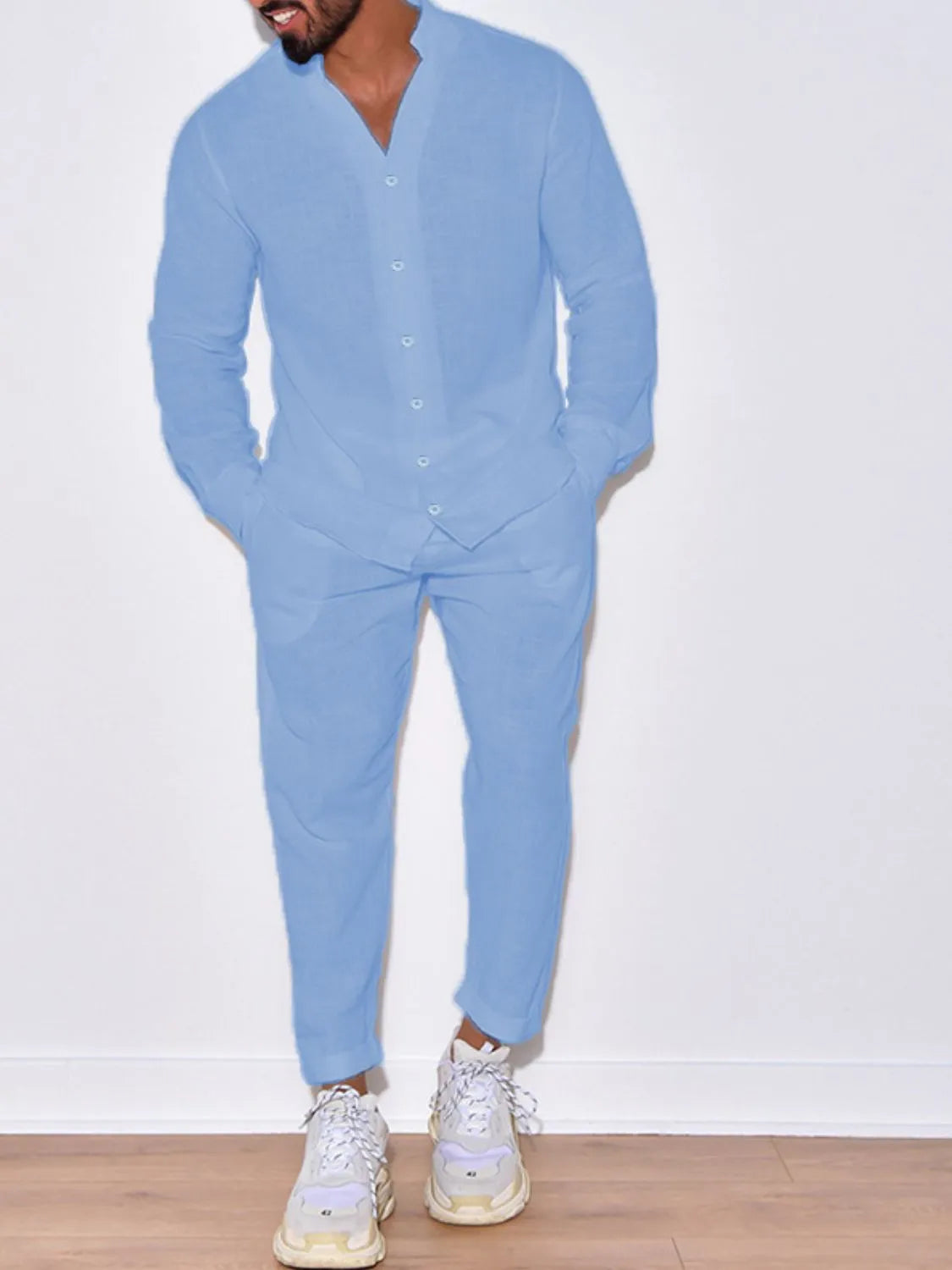 Men's Button Up Long Sleeve Top and Pants Set - Premium Pants from Trendsi - Just $24.57! Shop now at Craftklart.store