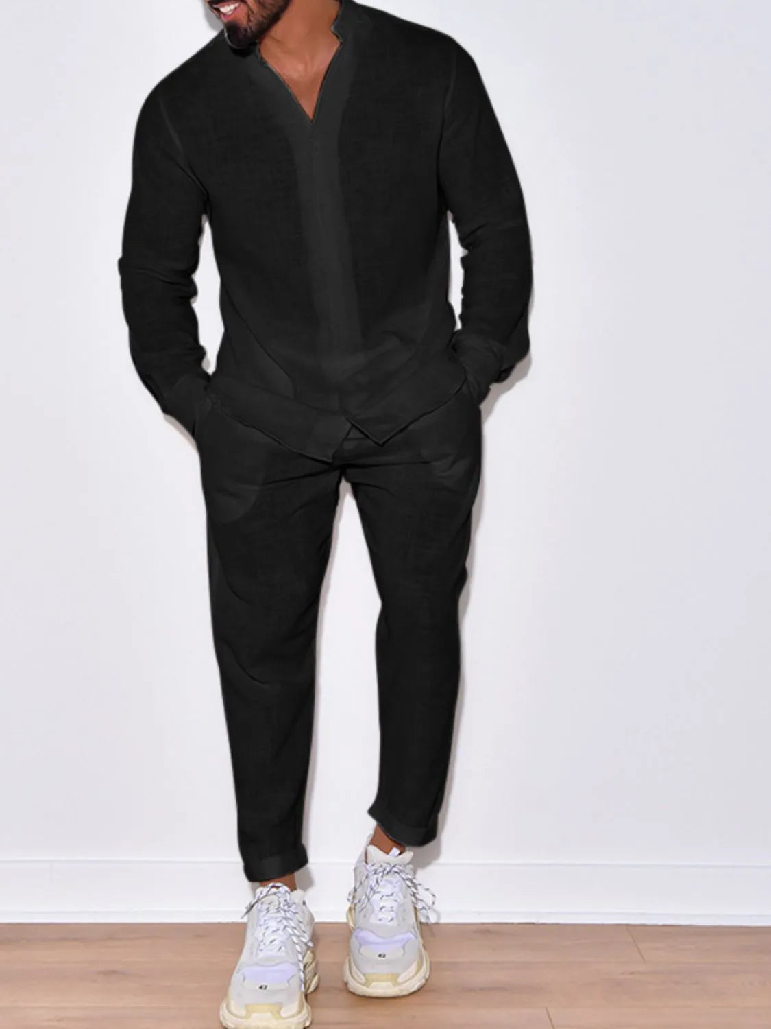 Men's Button Up Long Sleeve Top and Pants Set - Premium Pants from Trendsi - Just $24.57! Shop now at Craftklart.store