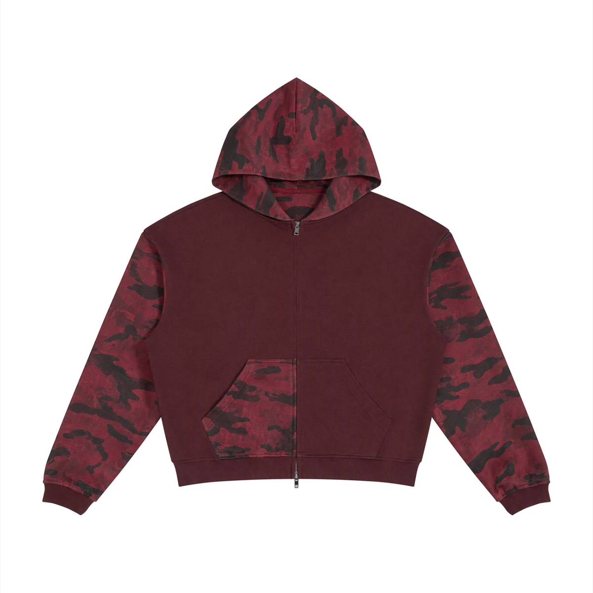 Underground Camo Full Zip Boxy Hoodie by ODMPOD featuring camouflage pattern and front zipper, casual streetwear style.