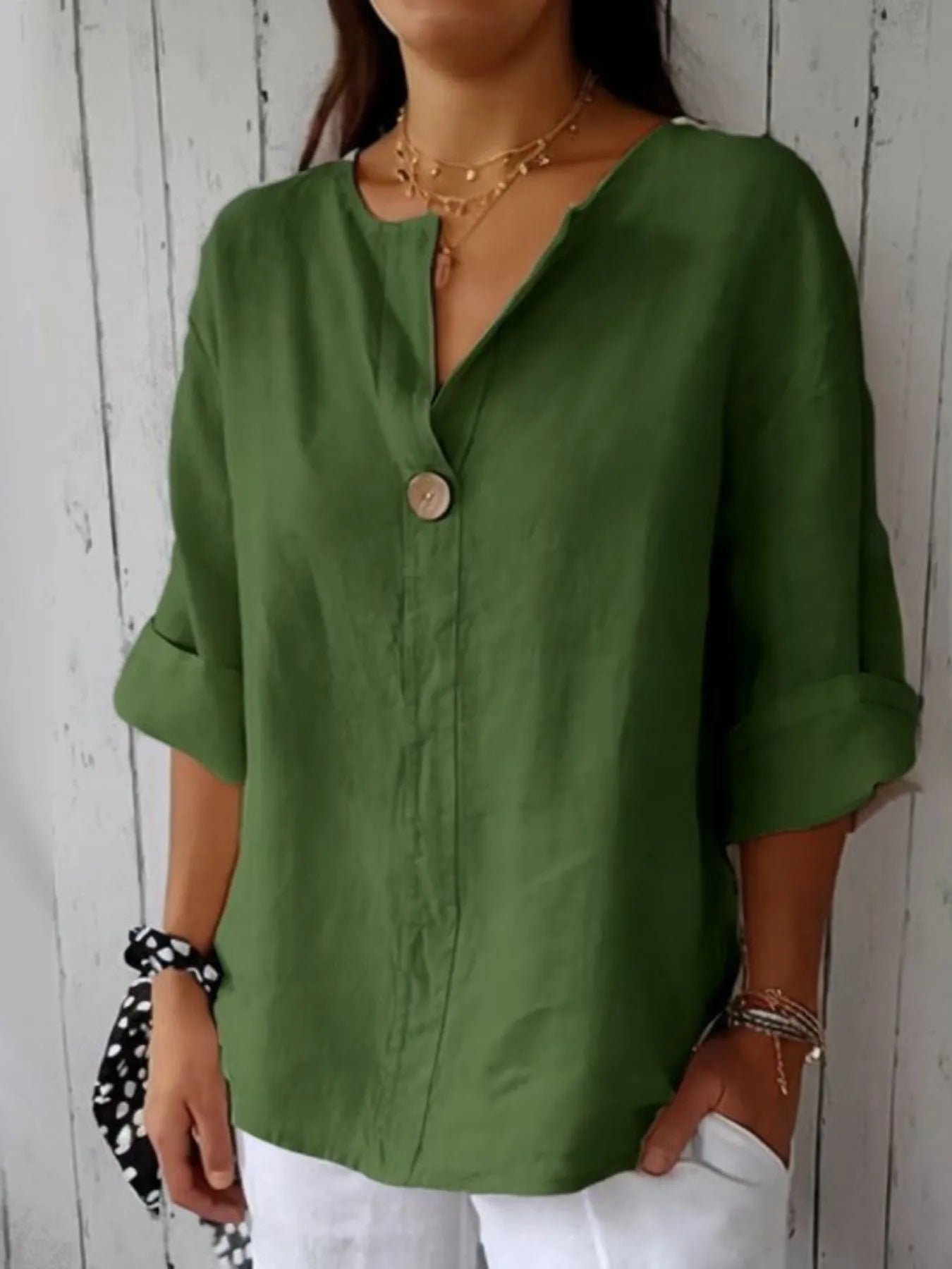Full Size Linen Blend Notched Blouse Plus Size - Premium Shirt from Trendsi - Just $19.69! Shop now at Craftklart.store
