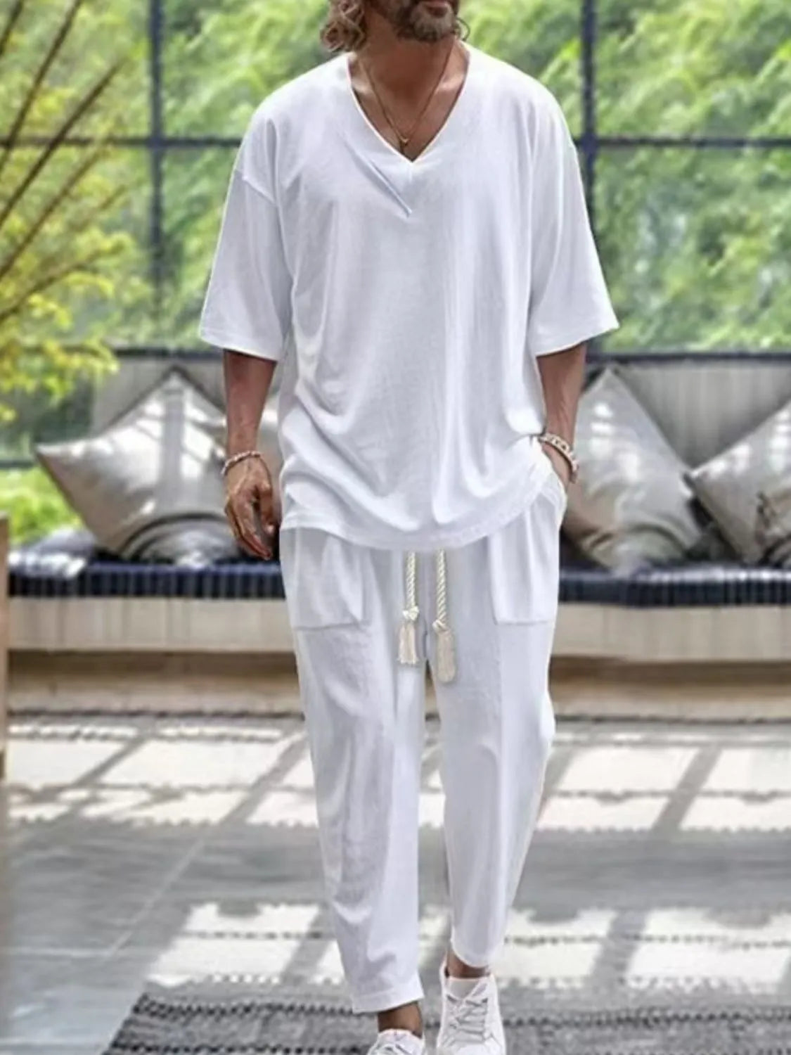 Men's V-Neck Half Sleeve Top and Pants Set - Premium from Trendsi - Just $23.01! Shop now at Craftklart.store