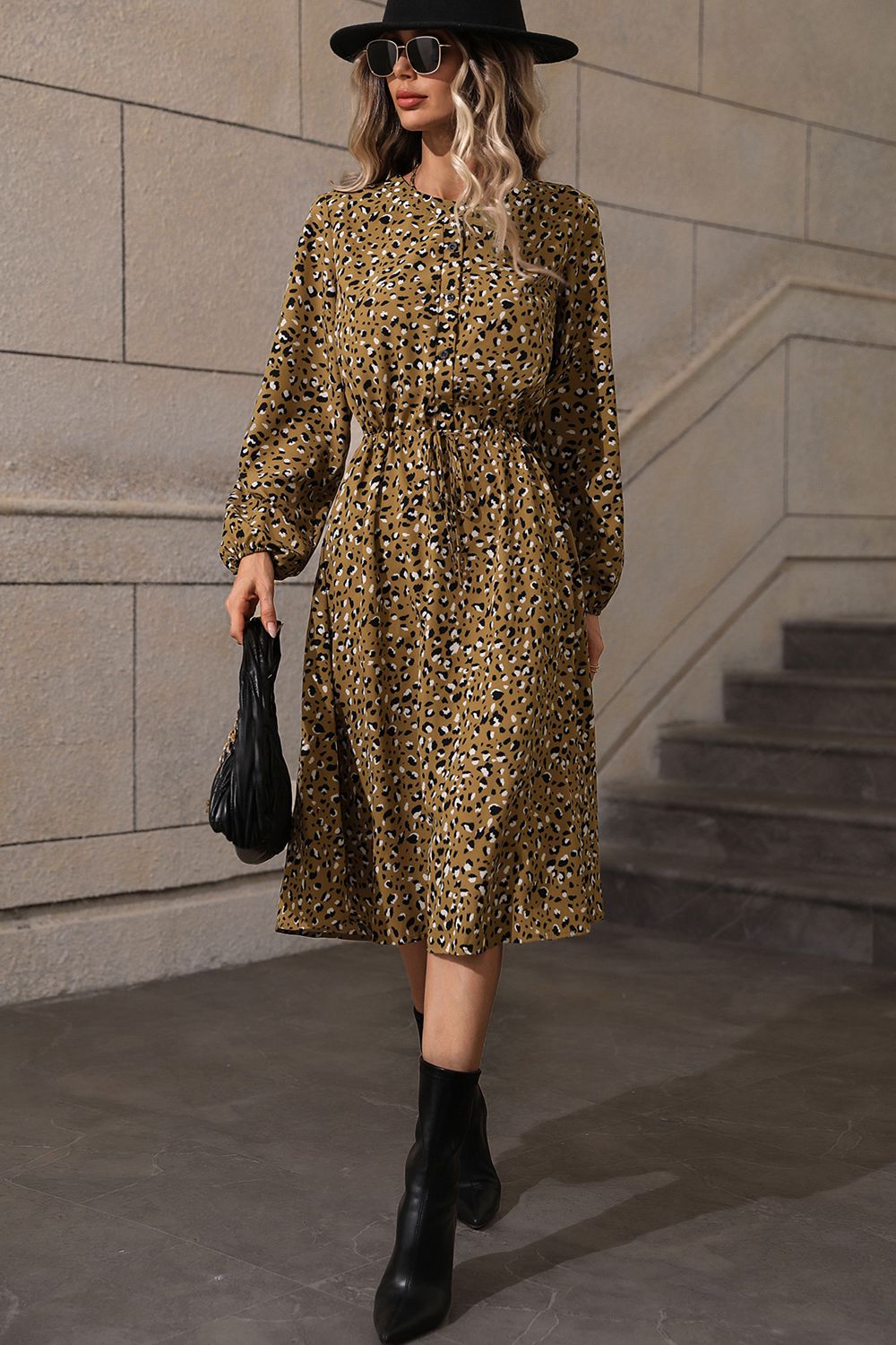 Honey Printed Long Sleeve Midi Dress - Premium Dress from Trendsi - Just $22.68! Shop now at Craftklart.store