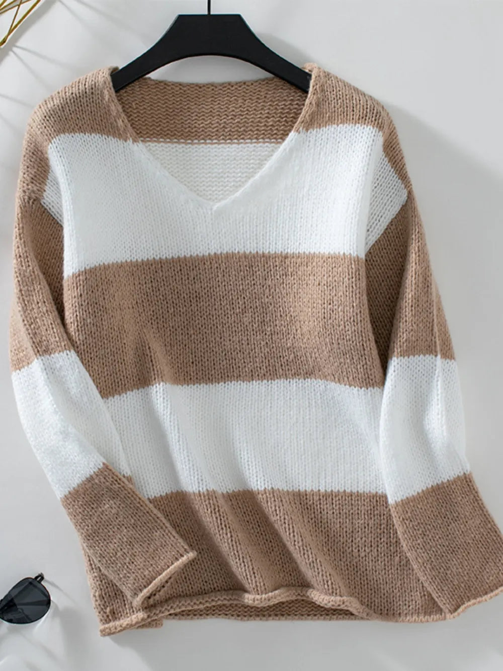 Color Block V-Neck Long Sleeve Sweater - Premium Sweater from Trendsi - Just $21.88! Shop now at Craftklart.store