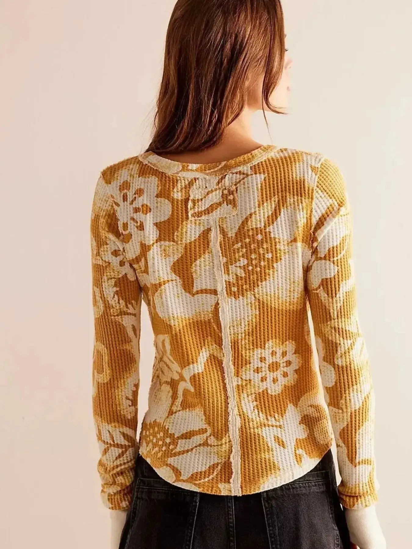 Floral Print Waffle Knit Top - Premium Jumper from Trendsi - Just $24.68! Shop now at Craftklart.store