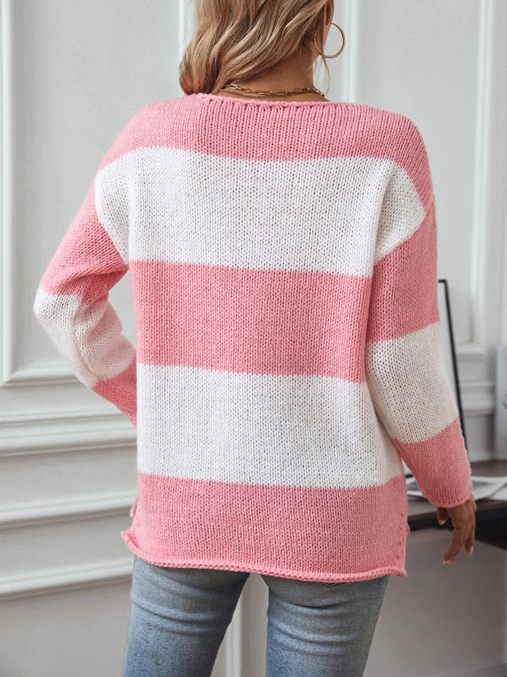 Color Block V-Neck Long Sleeve Sweater - Premium Sweater from Trendsi - Just $21.88! Shop now at Craftklart.store