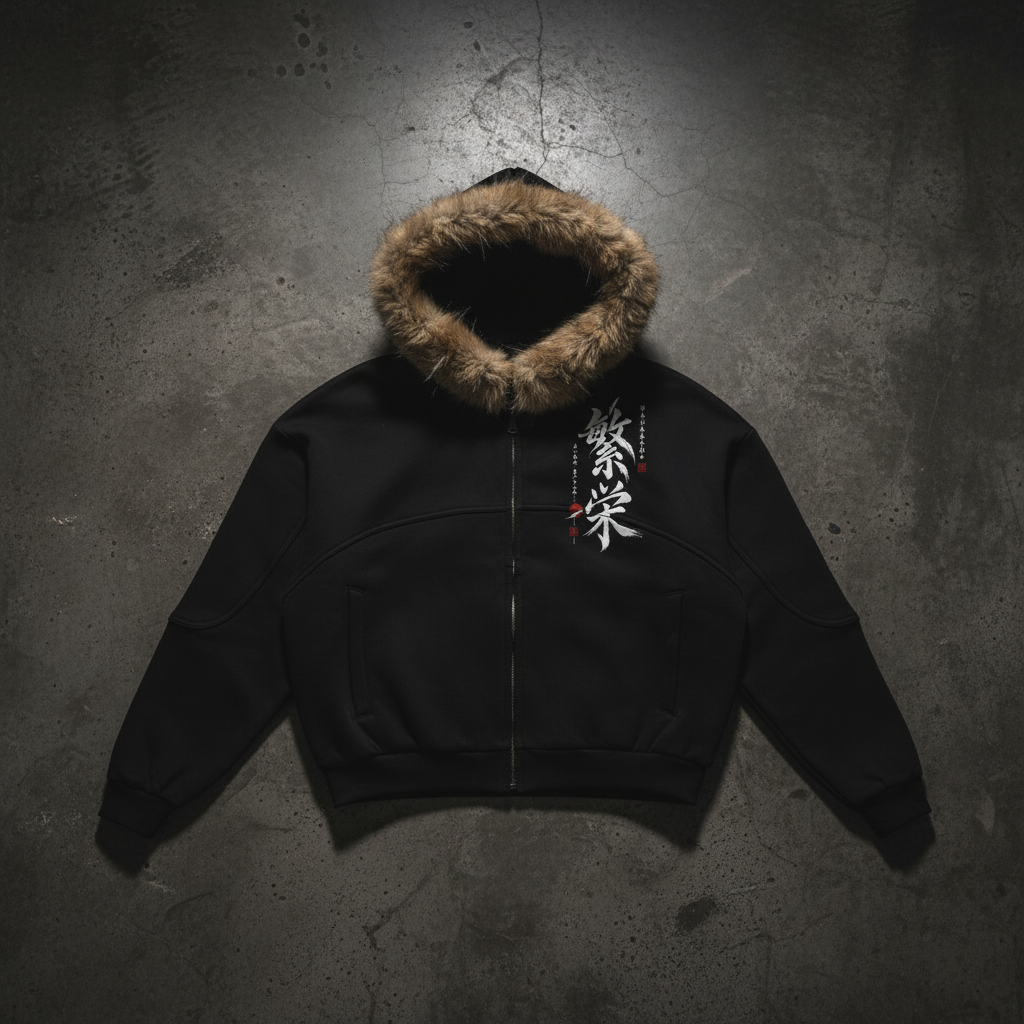 ODMPOD Sun Fade Urban Boxy Detachable Fur Hoodie, stylish coat with sun fade design and removable fur collar, casual outerwear for winter.