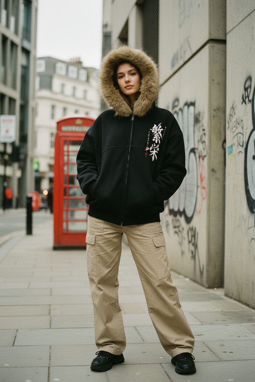 ODMPOD Sun Fade Urban Boxy Detachable Fur Hoodie, stylish coat with sun fade design, boxy fit, and removable fur collar.