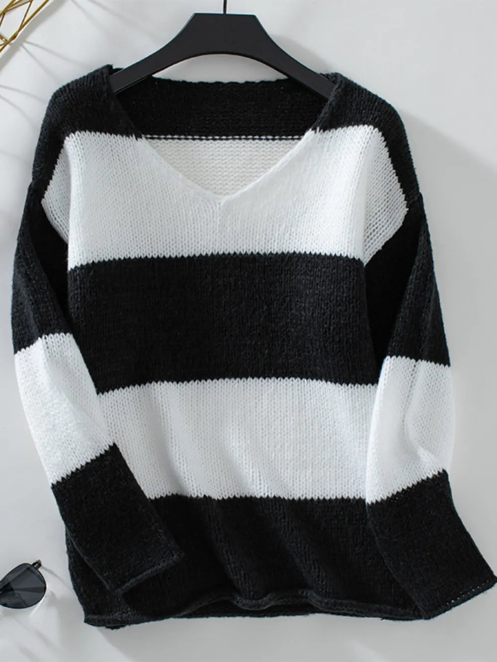 Color Block V-Neck Long Sleeve Sweater - Premium Sweater from Trendsi - Just $21.88! Shop now at Craftklart.store