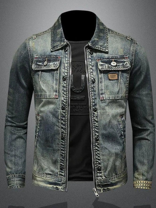 Men's Plus Size Vintage Washed Zip Up Denim Jacket - Premium Denim Jacket from Trendsi - Just $51.06! Shop now at Craftklart.store