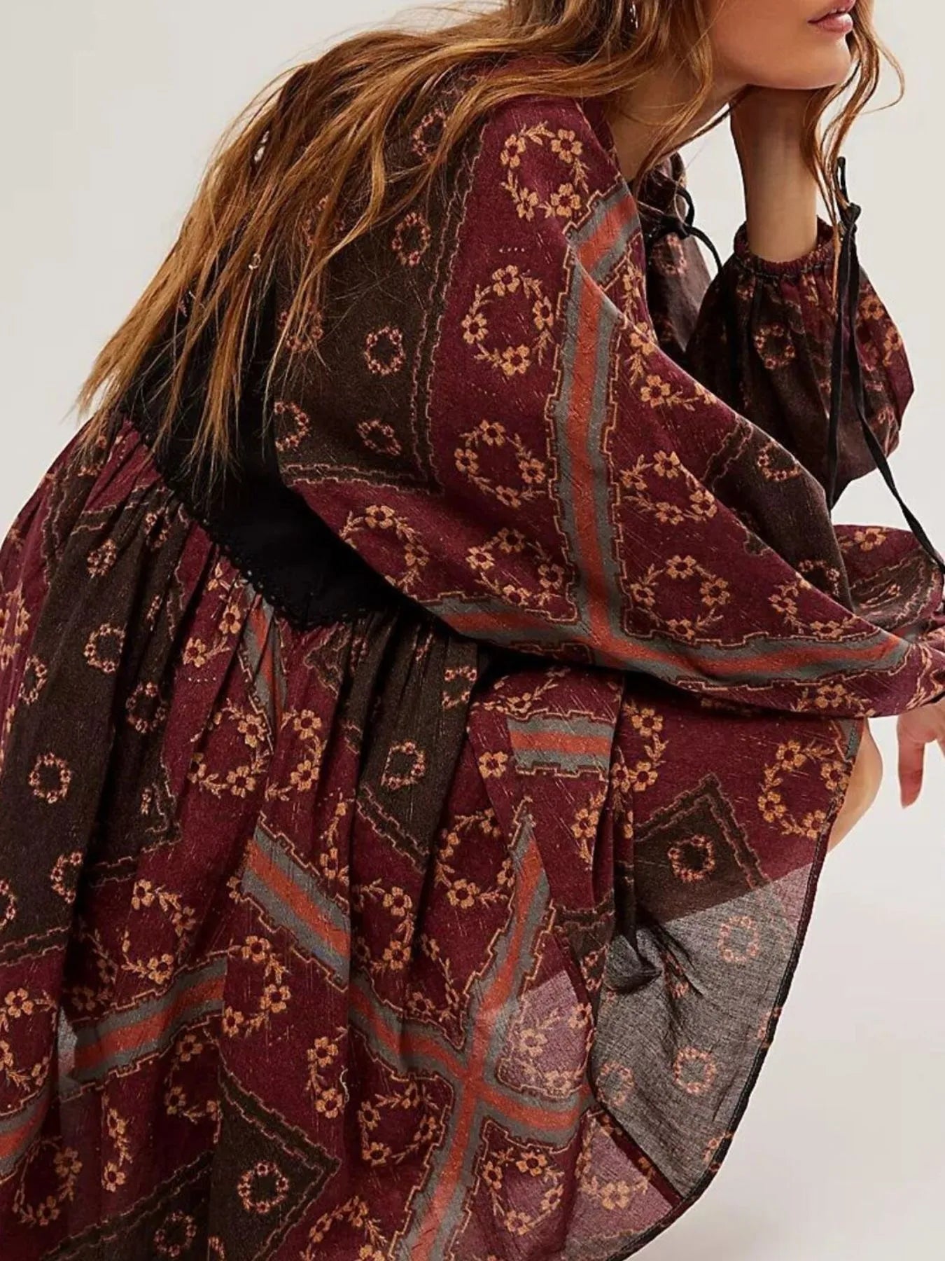 Printed Tie Neck Long Sleeve Dress - Premium Dress from Trendsi - Just $30.70! Shop now at Craftklart.store