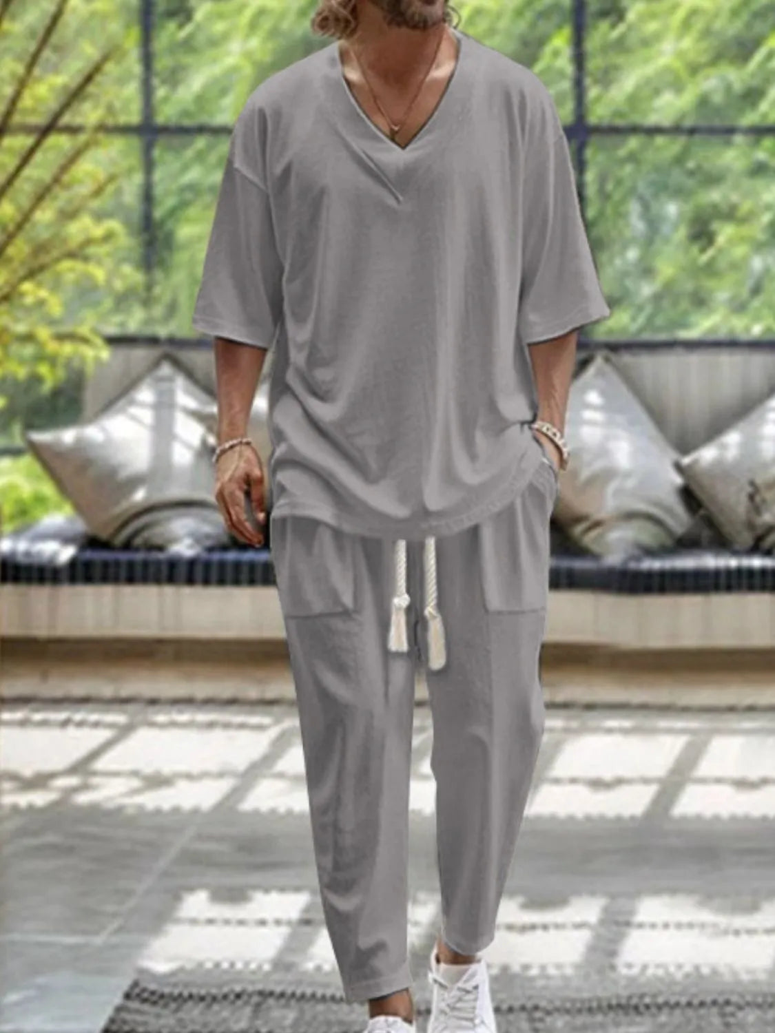Men's V-Neck Half Sleeve Top and Pants Set - Premium from Trendsi - Just $23.01! Shop now at Craftklart.store