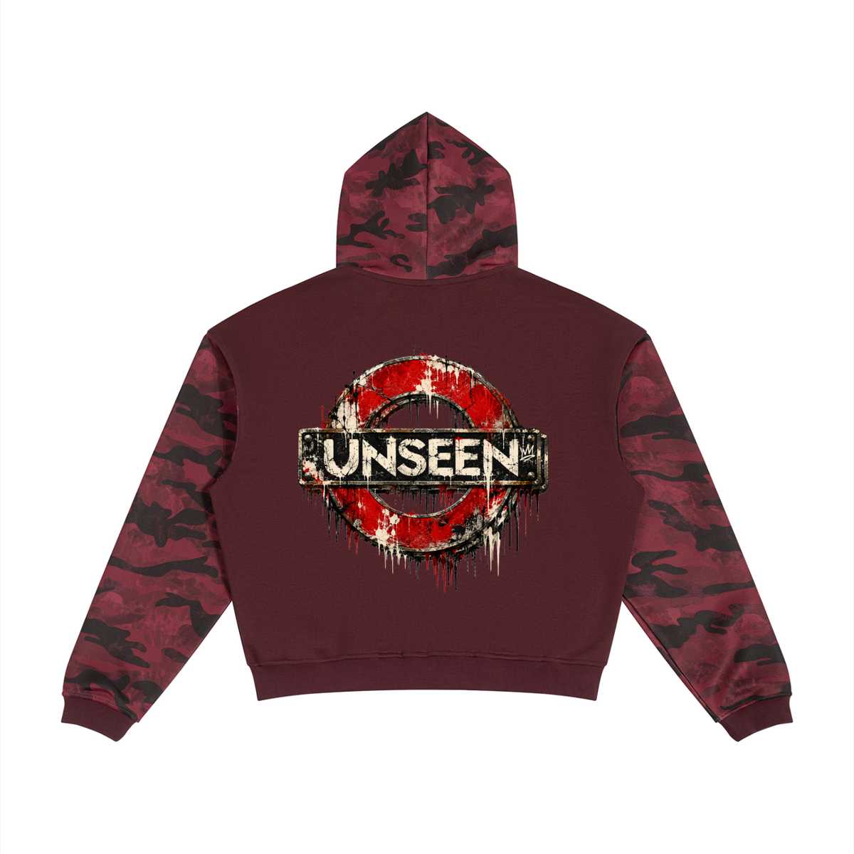 ODMPOD underground camo full zip boxy hoodie displayed on a hanger with a front view and zip closure, casual streetwear style.