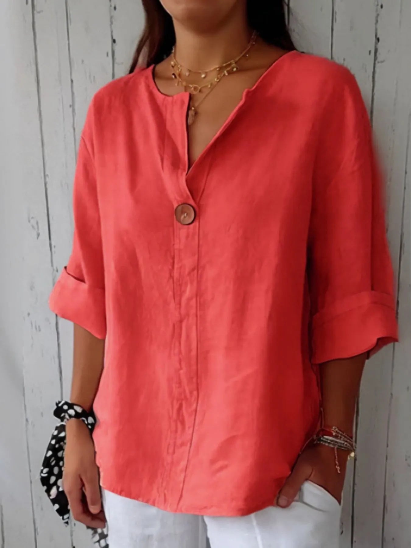 Full Size Linen Blend Notched Blouse Plus Size - Premium Shirt from Trendsi - Just $19.69! Shop now at Craftklart.store