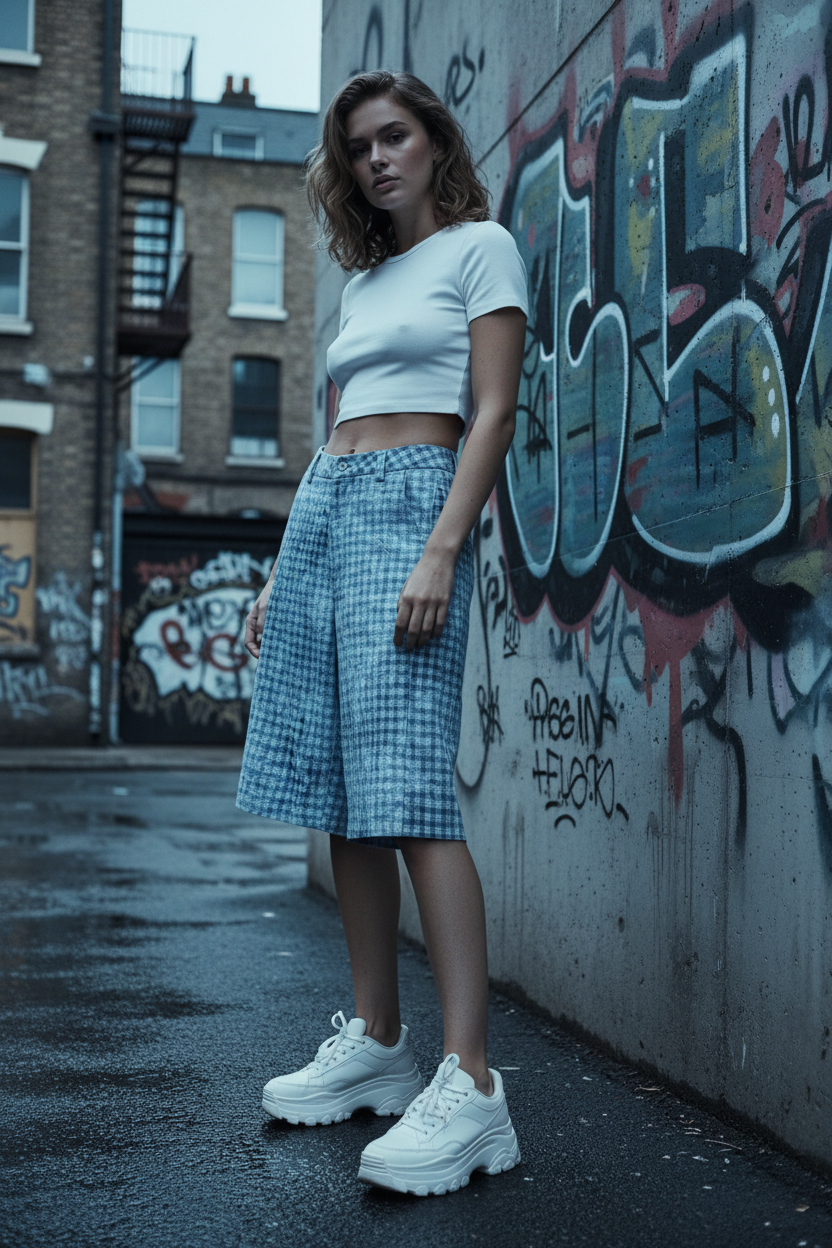 Vintage plaid loose shorts from ODMPOD featuring a relaxed fit and classic pattern, shown in a casual style.