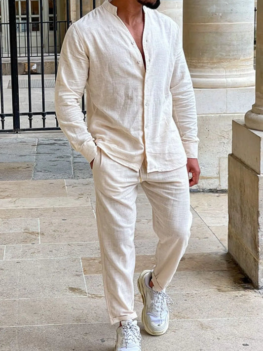 Men's Button Up Long Sleeve Top and Pants Set - Premium Pants from Trendsi - Just $24.57! Shop now at Craftklart.store