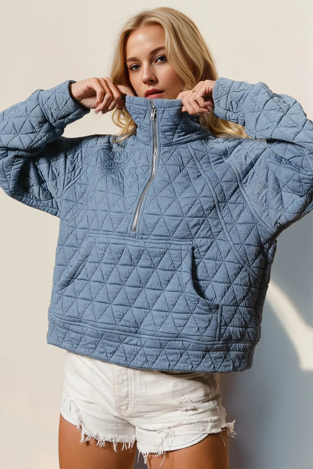 Double Take Half Zip Long Sleeve Quilted Sweatshirt with Pocket - Premium Bomber Jacket from Trendsi - Just $31.76! Shop now at Craftklart.store