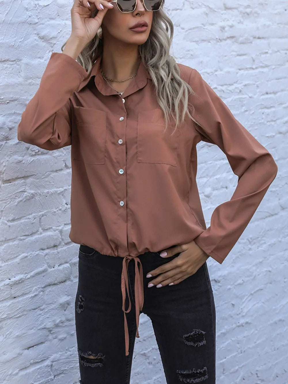 Perfee Tied Hem Button Down Long Sleeve Shirt - Premium Shirt from Trendsi - Just $20.05! Shop now at Craftklart.store