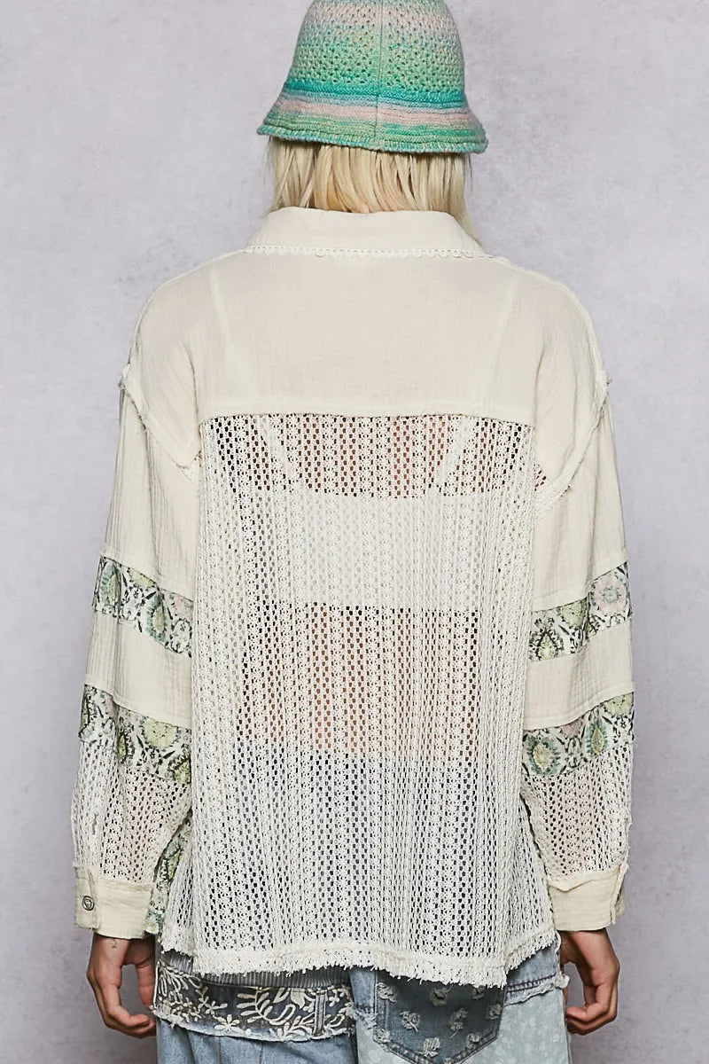 POL Printed Crochet Patchwork Button-Up Shirt - Premium Shirt from Trendsi - Just $48.89! Shop now at Craftklart.store
