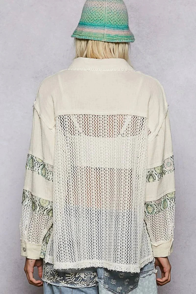 POL Printed Crochet Patchwork Button-Up Shirt - Premium Shirt from Trendsi - Just $48.89! Shop now at Craftklart.store