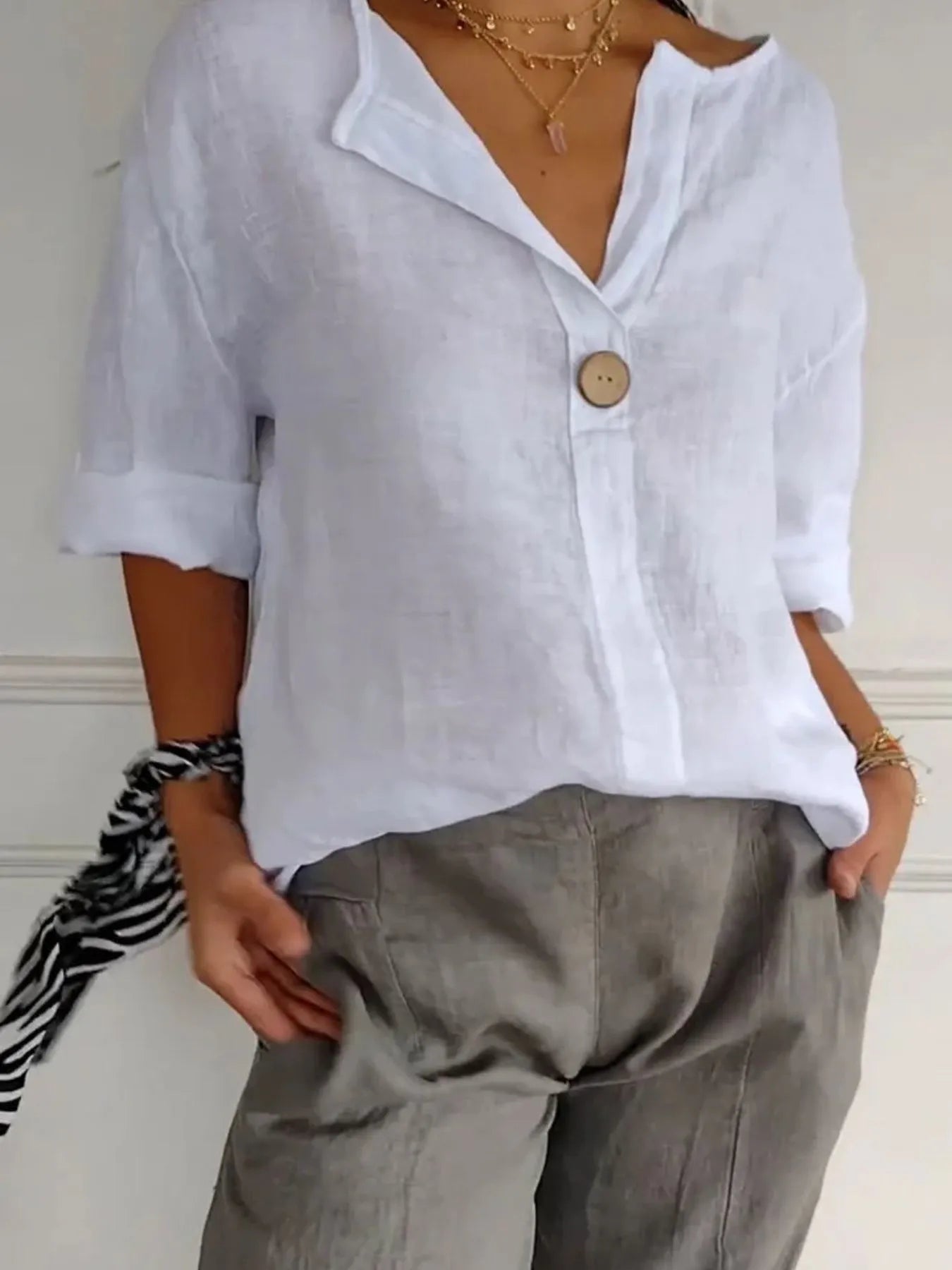 Full Size Linen Blend Notched Blouse Plus Size - Premium Shirt from Trendsi - Just $19.69! Shop now at Craftklart.store