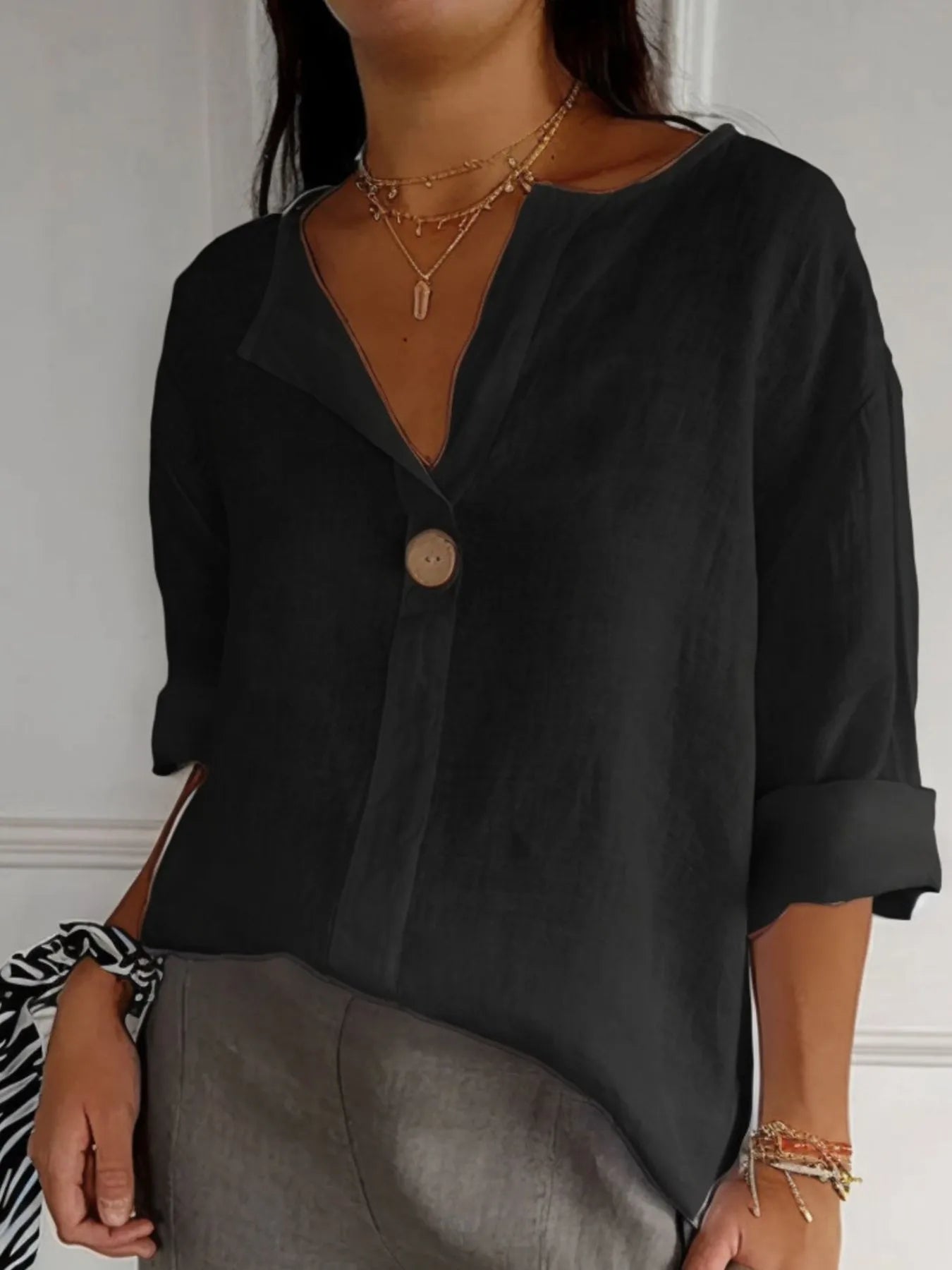 Full Size Linen Blend Notched Blouse Plus Size - Premium Shirt from Trendsi - Just $19.69! Shop now at Craftklart.store