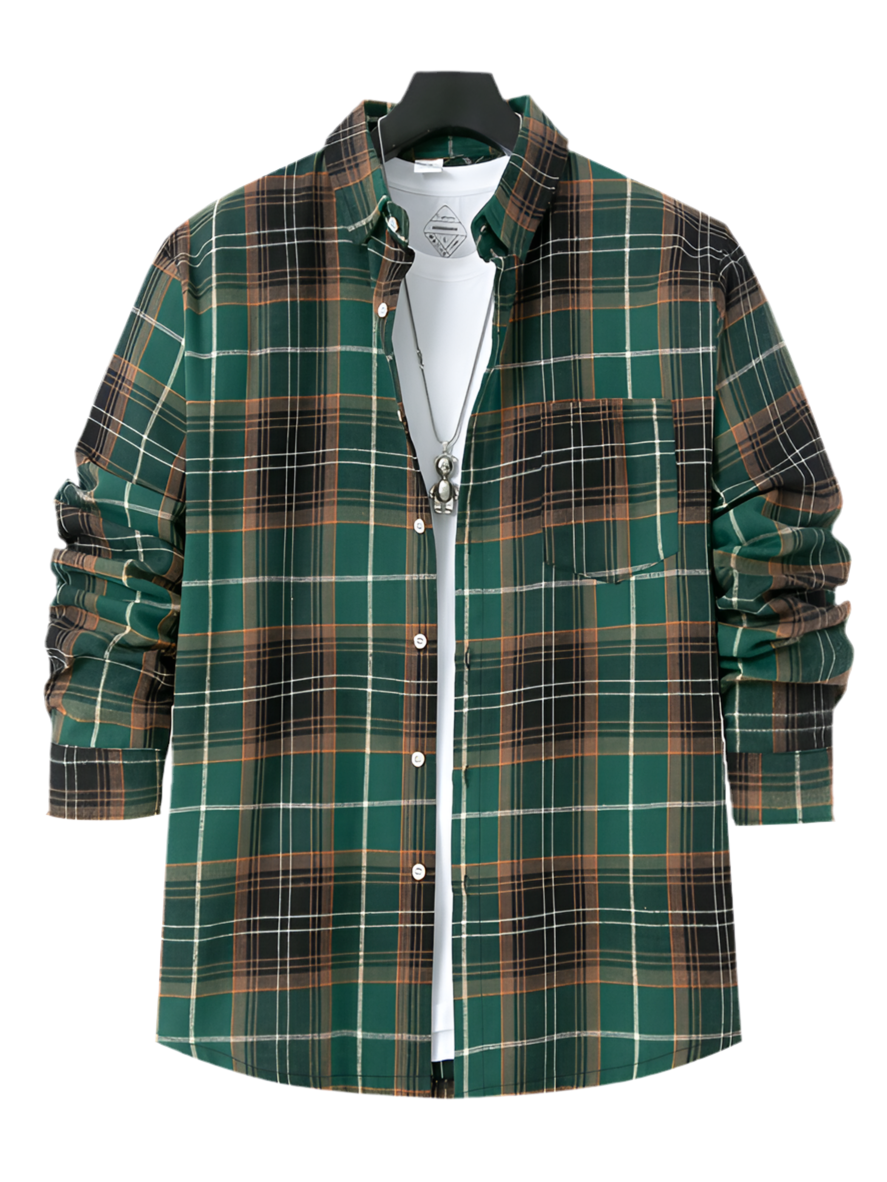 Men's Brushed Thin Plaid Long-sleeved Casual Shirt