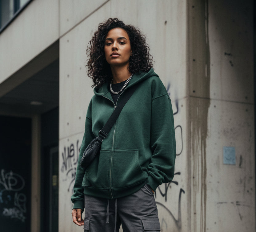 Oversized Quiet Form Zip Hoodie in 380GSM fleece by Urban Fashion & Streetwear Craftklart, featuring a zipper and comfortable fit.