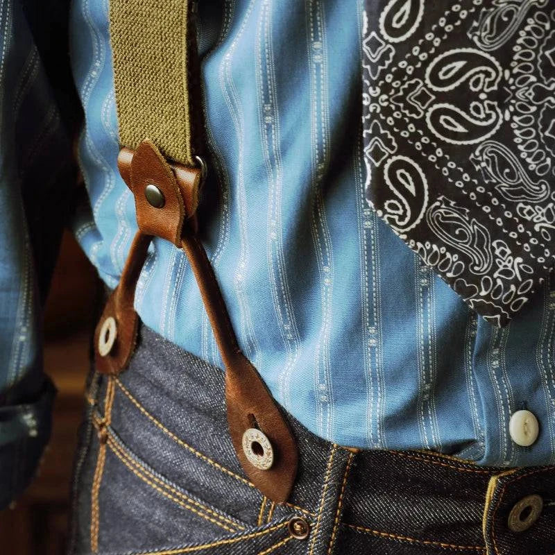 Vintage cowhide suspenders with spaghetti straps and flexible shoulder design, crafted by Craftklart.store.