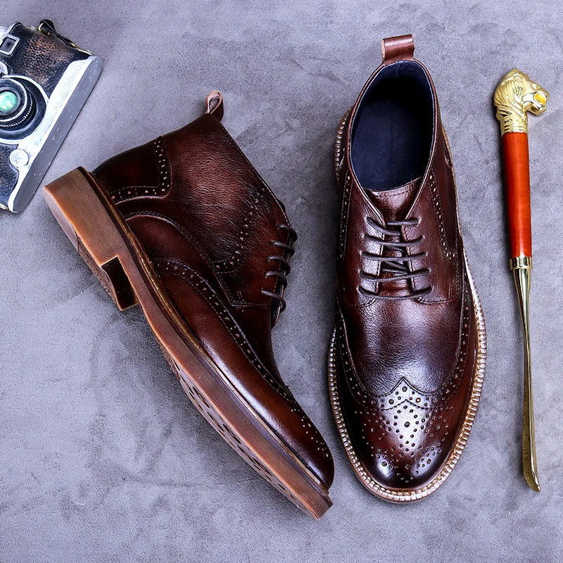 Men's British Plus Velvet Warm Carved Brogue Leather Ankle Boots - Premium Boots from Craftklart Dropship - Just $90.95! Shop now at Craftklart.store