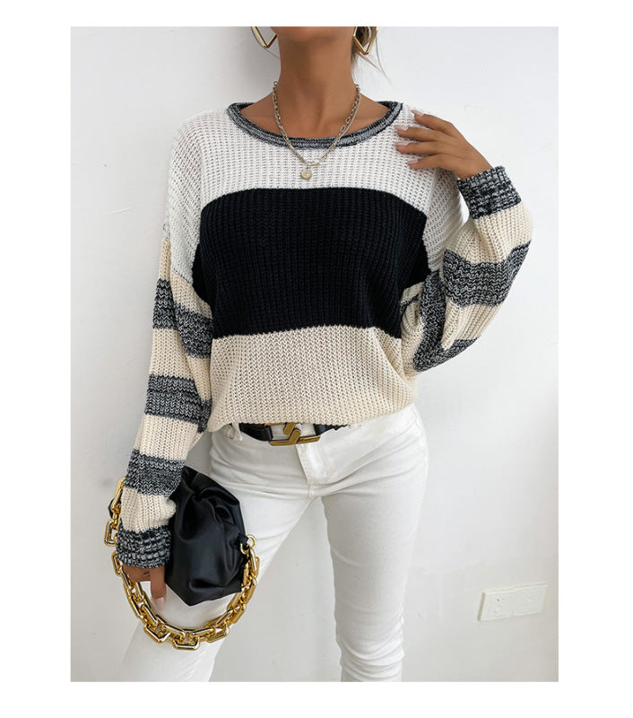 Women's Thin Pullover Round Neck Black and White Contrast Sweater - Premium Shirts & Tops from Craftklart Dropship - Just $19.68! Shop now at Craftklart.store