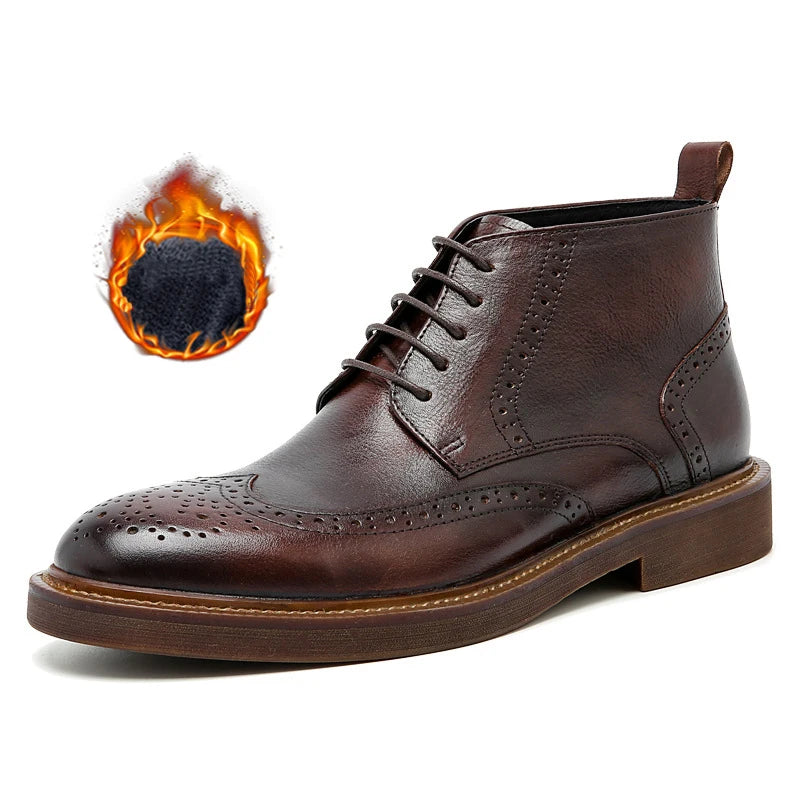 Men's British Plus Velvet Warm Carved Brogue Leather Ankle Boots - Premium Boots from Craftklart Dropship - Just $90.95! Shop now at Craftklart.store