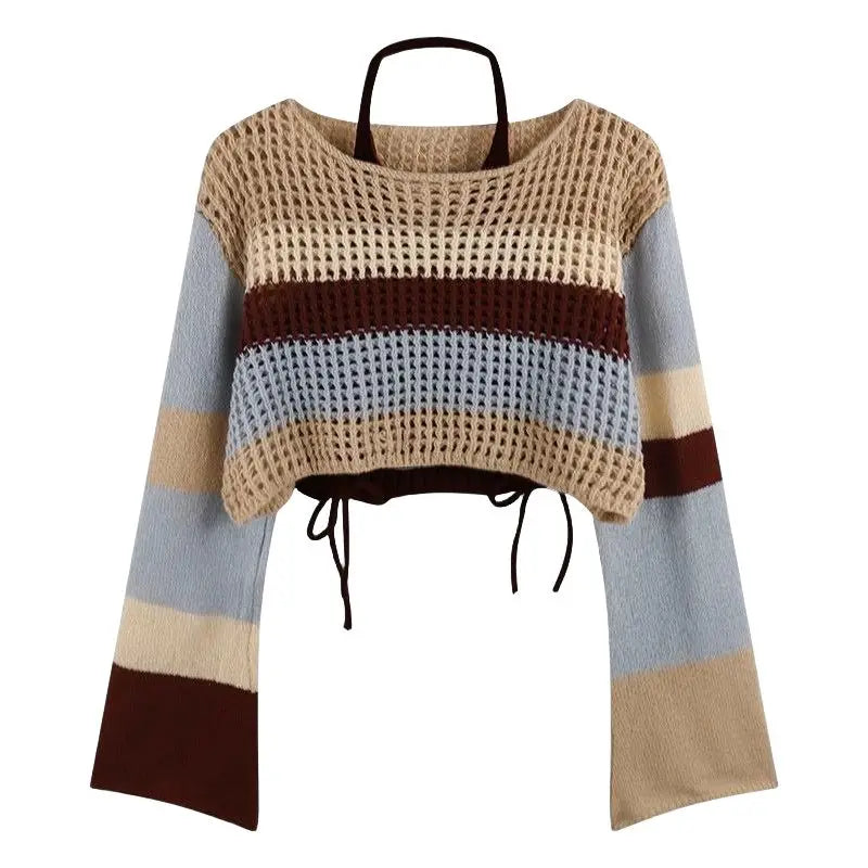 Women's Urban Hollow Stripe Long Sleeved Knitwear+Strap+Cargo Pants Set
