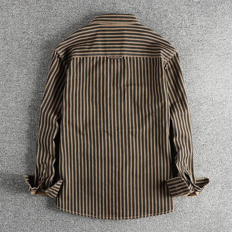 Men's American Retro Stripe Long-Sleeve Lapel Shirt - Premium Shirt from Craftklart Dropship - Just $30.30! Shop now at Craftklart.store