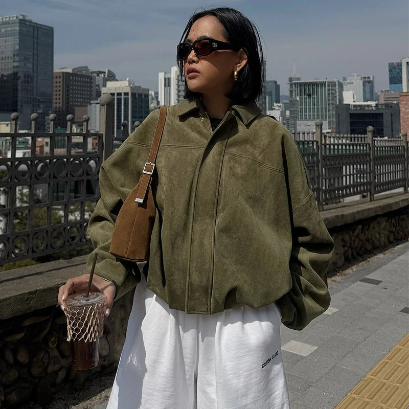 Women's Lapel Long Sleeve Zipper Suede Bomber Jacket
