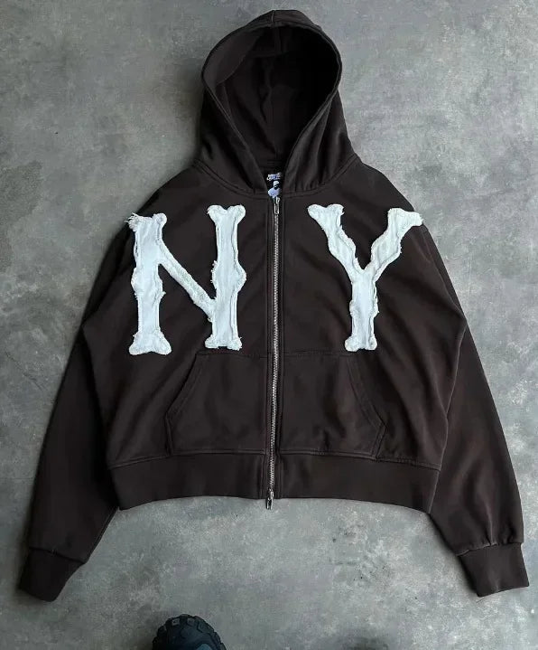 Unisex Embroidered Oversized Hoodie Y2k Harajuku Retro Zipper Sweatshirt