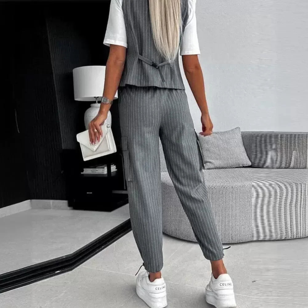 Women White Striped Sleeveless Vest Set - Premium Sets from Craftklart.store - Just $14.59! Shop now at Craftklart.store
