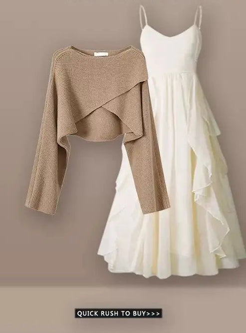Autumn Short Knitted Sweater Suspended Skirt Two Piece Female Clothing Set