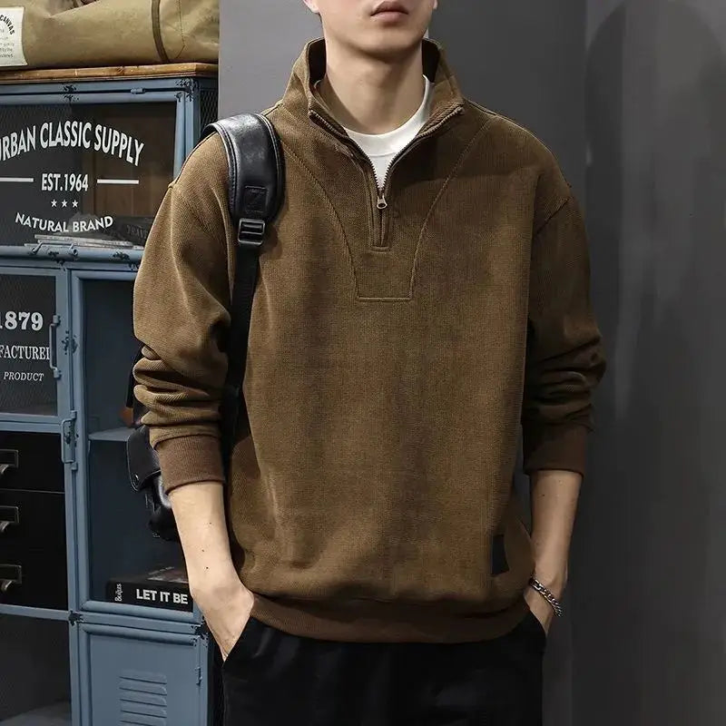 Men's Urban Street Styled Long-sleeved Half Zipper Polo Top