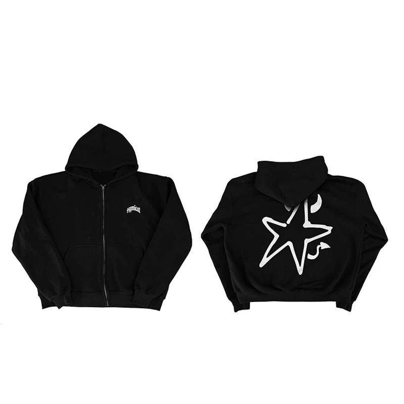 Hip Hop Men's hoodie Hooded zipper Jacket Gothic star Printing oversized fashion punk Y2k Streetwear Harajuku vintage black tops - Craftklart.store