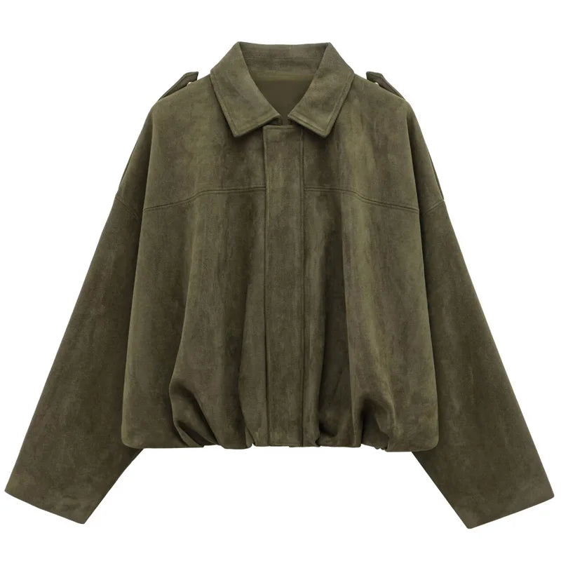 Women's Lapel Long Sleeve Zipper Suede Bomber Jacket