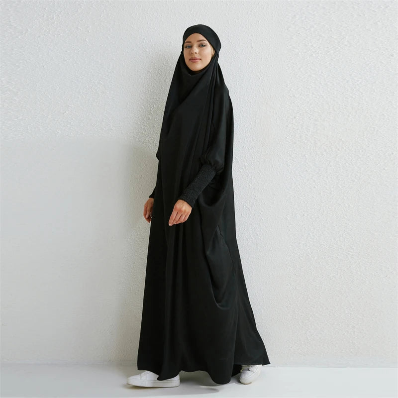 Women's Urban Flowing Hooded Abaya with Smocking Sleeve One-piece