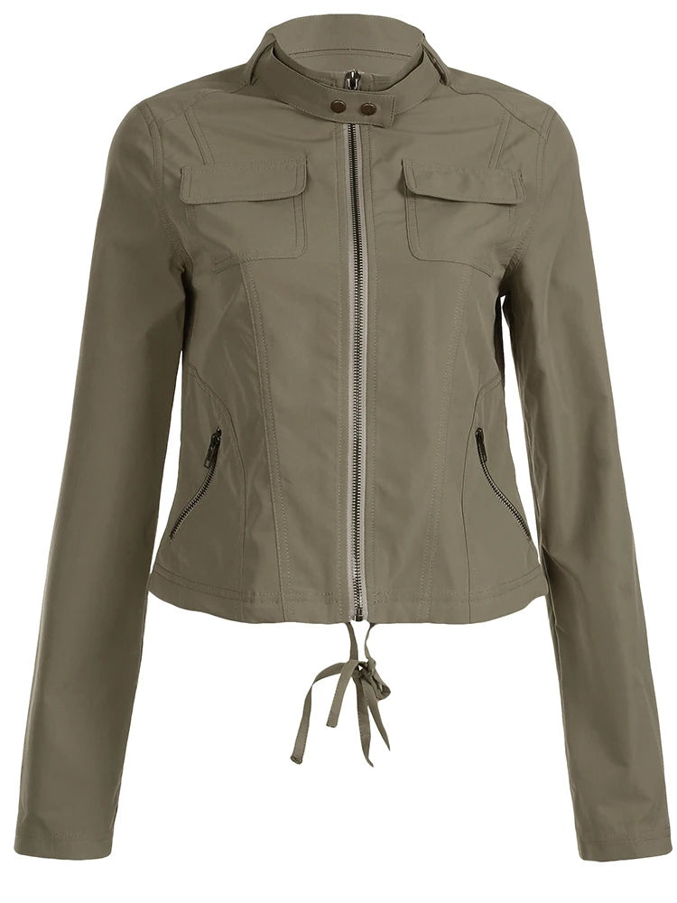 Women Zip Up Stand Collar Cargo Jacket