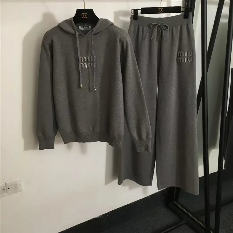 Branded Hooded Knitwear Two-Piece Suit Women 2024 - Premium Set from Craftklart Dropship - Just $53.60! Shop now at Craftklart.store